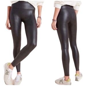 NWT SPANX FAUX LEATHER LEGGINGS WIDE WAISTBAND SKINNY PULL ON BLACK M Petite